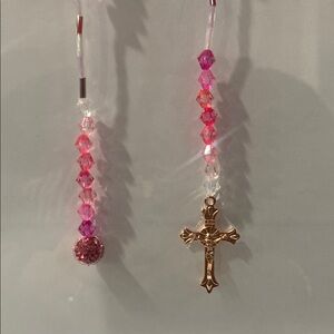 Elegant Pink and Gold Beaded Cross Accessory